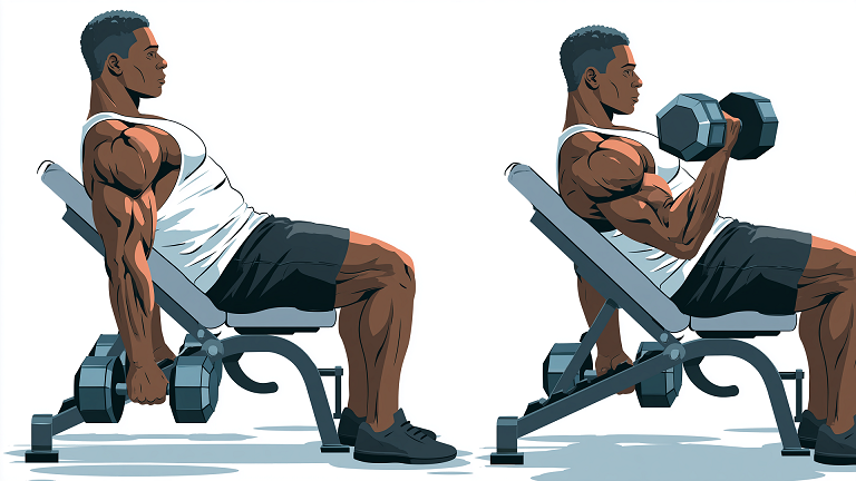 Dumbbell incline curl form: start position with arm extended on a reclined bench, end position with dumbbell curled to the shoulder